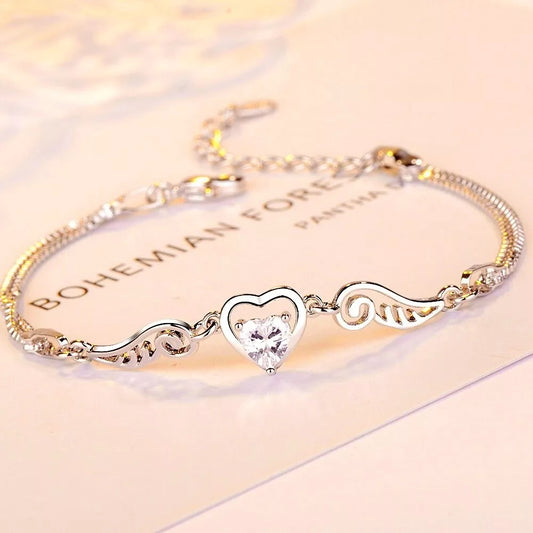 Heart and Angel Wing Linked Charm Bracelet | 16+3cm Adjustable Size