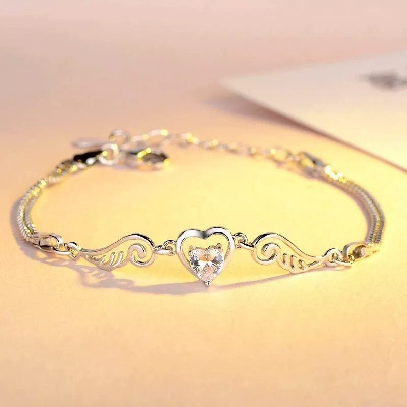 Heart and Angel Wing Linked Charm Bracelet | 16+3cm Adjustable Size