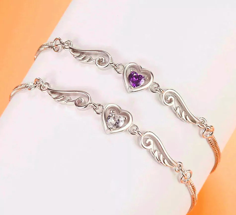 Heart and Angel Wing Linked Charm Bracelet | 16+3cm Adjustable Size