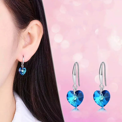 925 Sterling Silver Heart Ocean Blue Drop Earrings for Women – Elegant Hook Stud Jewelry Gift UK