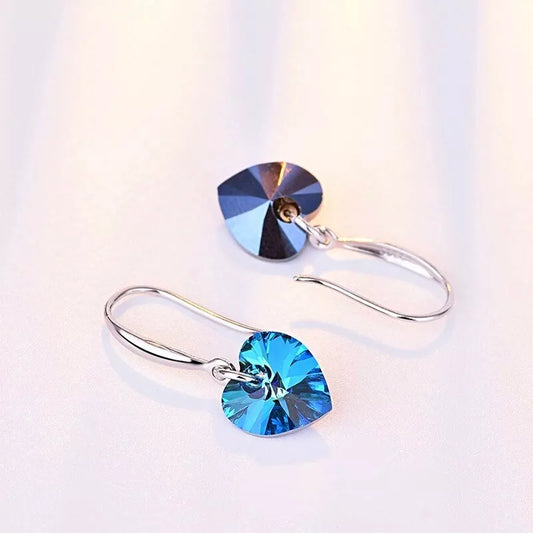 925 Sterling Silver Heart Ocean Blue Drop Earrings for Women – Elegant Hook Stud Jewelry Gift UK