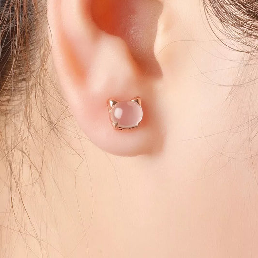 925 Sterling Silver Rose Gold Cute Cat Stud Earrings