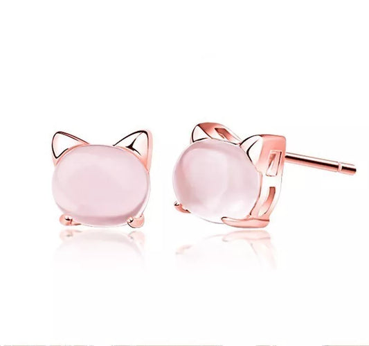 925 Sterling Silver Rose Gold Cute Cat Stud Earrings