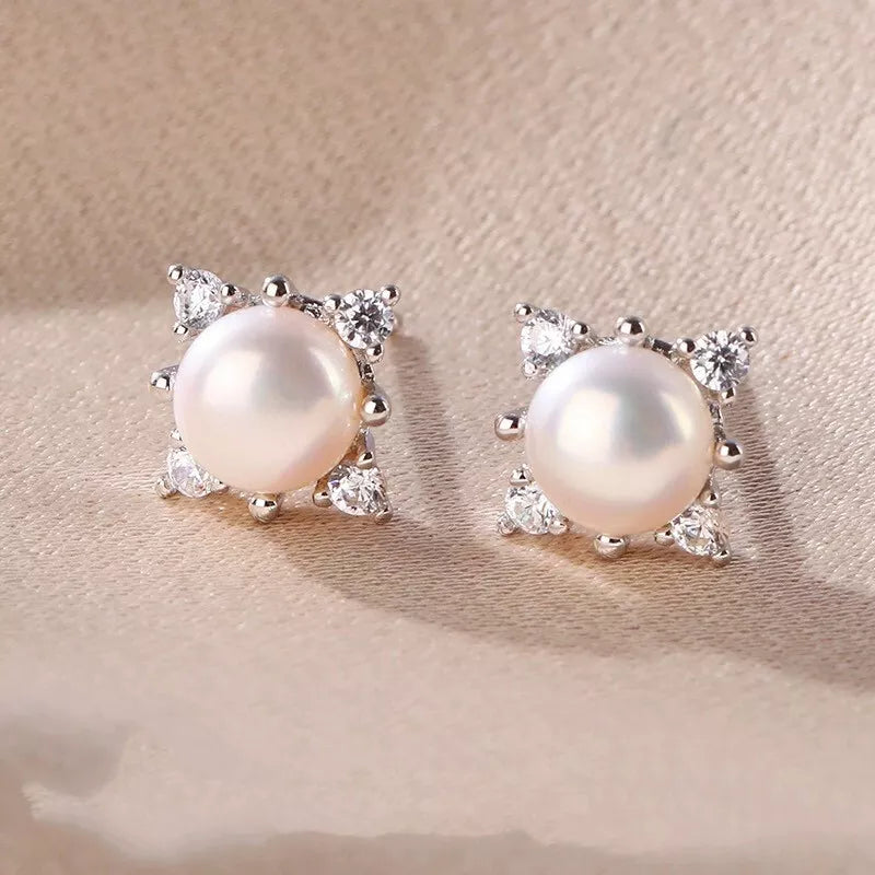 925 Sterling Silver Square Pearl Stud Earrings for Women and Girls