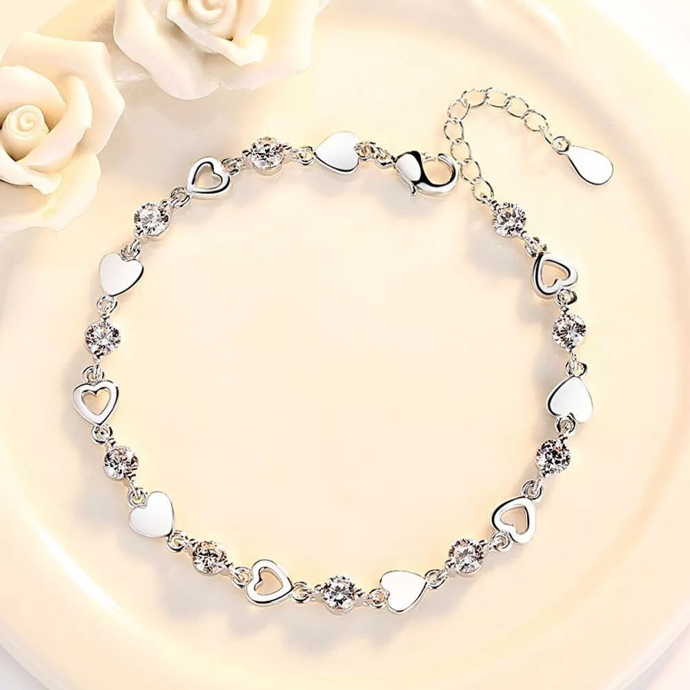 925 Sterling Silver Hollow Heart Charm Bracelet for Women – Crystal Linked Chain Jewelry Gift