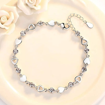 925 Sterling Silver Hollow Heart Charm Bracelet for Women – Crystal Linked Chain Jewelry Gift