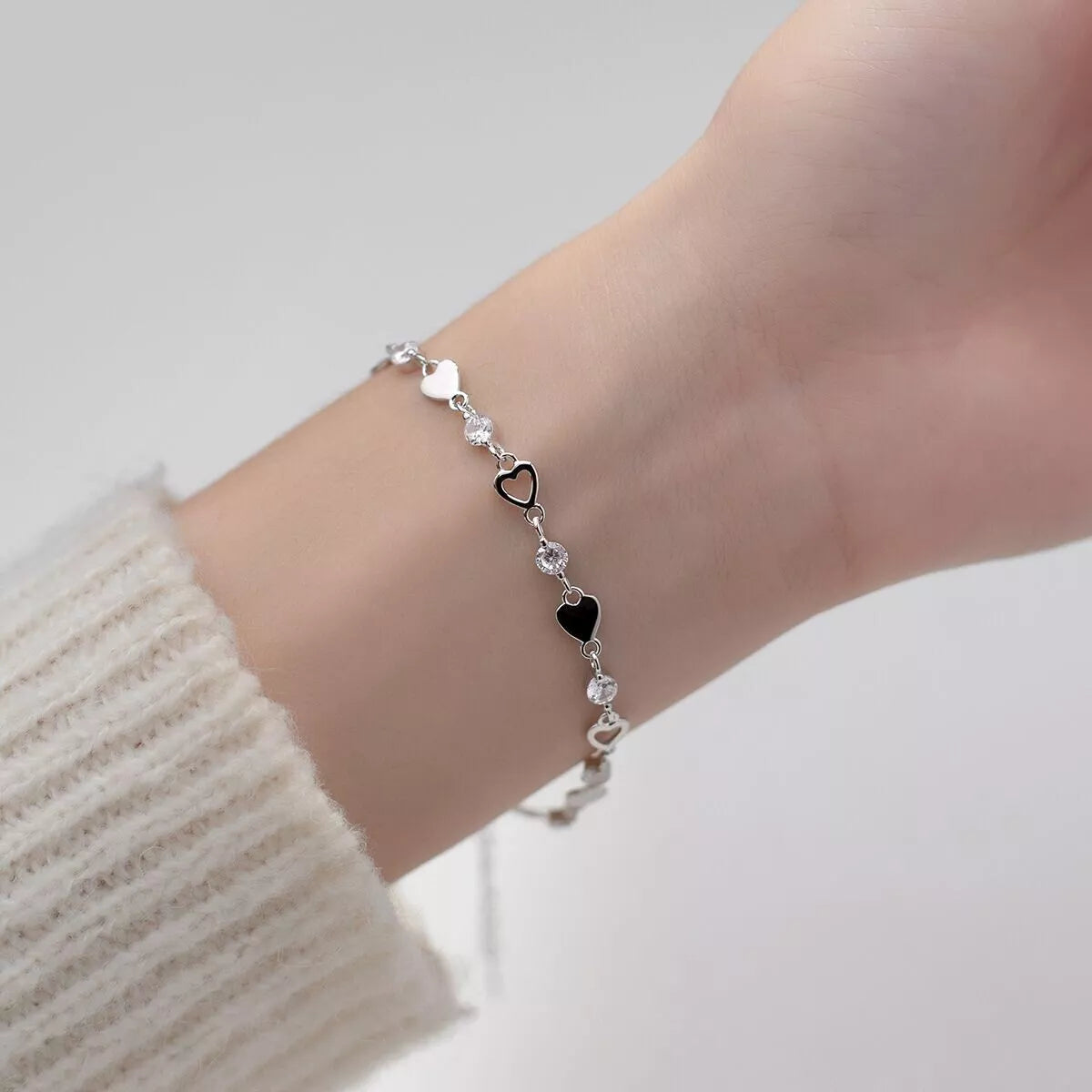 925 Sterling Silver Hollow Heart Charm Bracelet for Women – Crystal Linked Chain Jewelry Gift