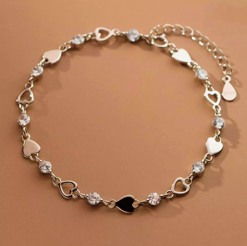 925 Sterling Silver Hollow Heart Charm Bracelet for Women – Crystal Linked Chain Jewelry Gift