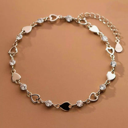 925 Sterling Silver Hollow Heart Charm Bracelet for Women – Crystal Linked Chain Jewelry Gift
