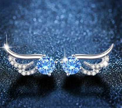 Blue Crystal Angel Wing Stud Earrings | Angel Earrings 925 Sterling Silver Women Jewellery