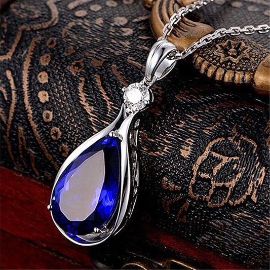 Blue Crystal Water Drop Pendant Necklaces | 925 Sterling Silver Tear Drop Necklace