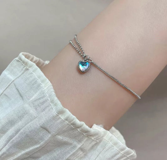 Blue Heart Bracelet – 925 Sterling Silver Women’s Jewelry Gift Adjustable 15+3cm Elegant Packaging