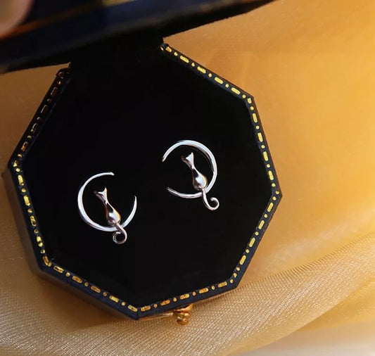 Cat Moon Stud Earrings and Pendant Necklace Set | 925 Sterling Silver Women's Jewellery Gift