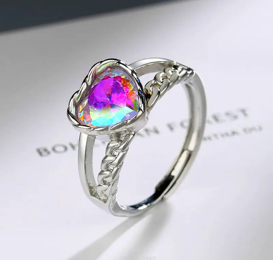 925 Sterling Silver Colorful Heart Adjustable Ring
