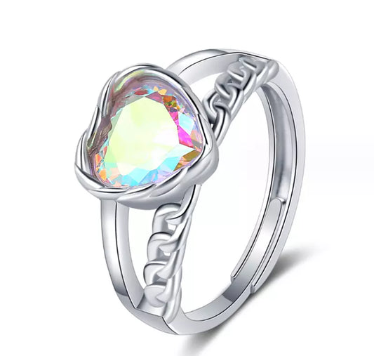 925 Sterling Silver Colorful Heart Adjustable Ring