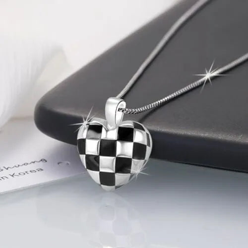 Checkerboard Necklace | 925 Sterling Silver Black and White Heart Necklace