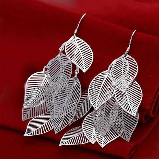 Classy Long Dangle Elegant Leaf Earrings | 925 Sterling Silver Multiple Layered Leaf Dangle Earrings