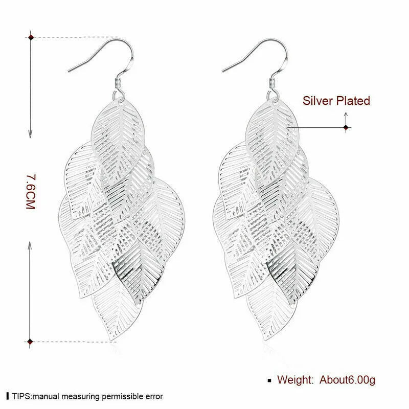 Classy Long Dangle Elegant Leaf Earrings | 925 Sterling Silver Multiple Layered Leaf Dangle Earrings