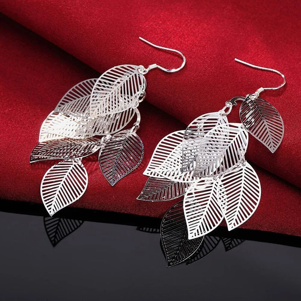 Classy Long Dangle Elegant Leaf Earrings | 925 Sterling Silver Multiple Layered Leaf Dangle Earrings