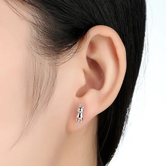 Close-up of 925 Sterling Silver Cat Stud Earrings