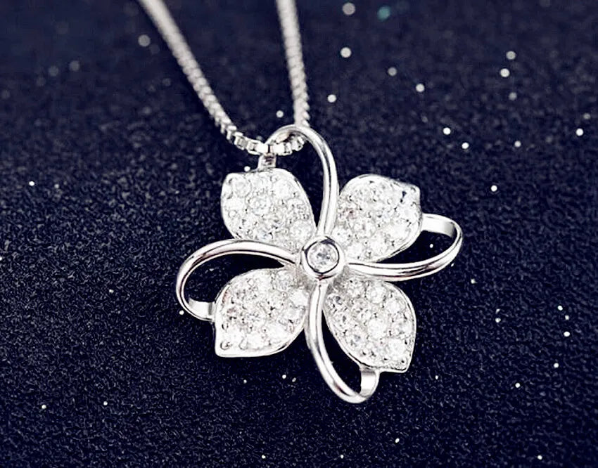 Clover Crystal Pendant Necklace 925 Sterling Silver, Elegant Jewelry Gift for Women