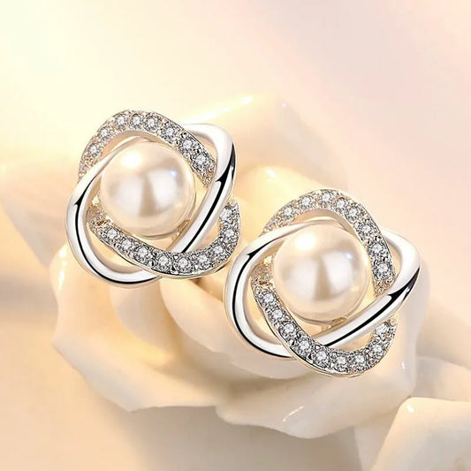 Crystal Pearl Twist Stud Earring | 925 Sterling Silver Freshwater Pearl Earring Bridal Party Gift