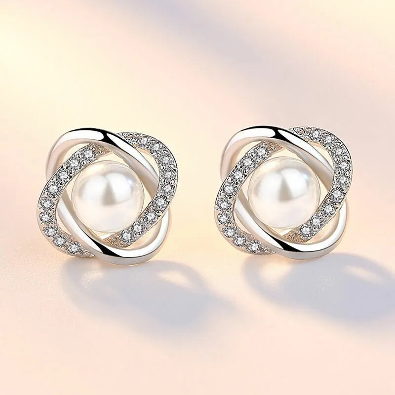 Crystal Pearl Twist Stud Earring | 925 Sterling Silver Freshwater Pearl Earring Bridal Party Gift