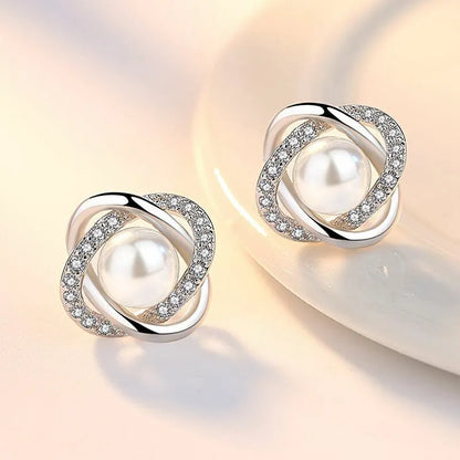 Crystal Pearl Twist Stud Earring | 925 Sterling Silver Freshwater Pearl Earring Bridal Party Gift