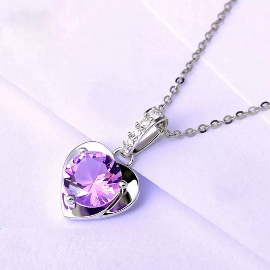 Crystal Purple Heart Pendant - 925 Sterling Silver Necklace