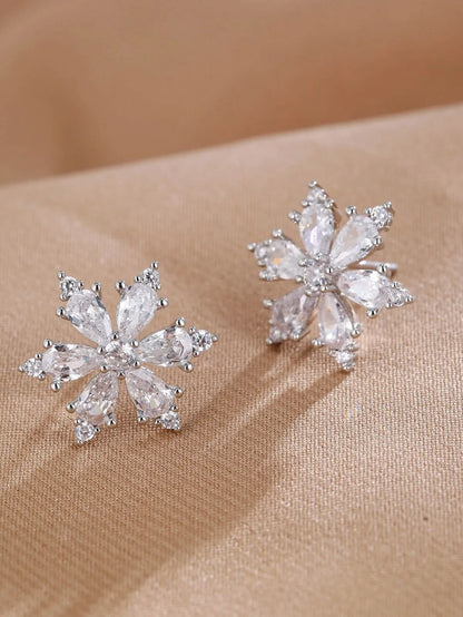 Crystal Snowflake Stud Earrings - 925 Sterling Silver - Women’s & Girls’ Christmas Gift