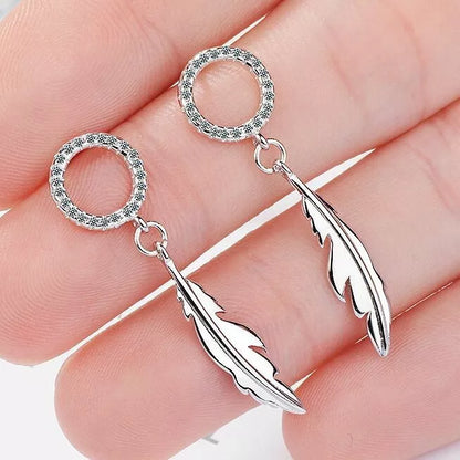 Crystal Feather Drop Stud Earrings – 925 Sterling Silver, 35mm, Hallmarked, Gift Pouch