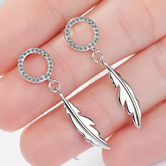 Crystal Feather Drop Stud Earrings – 925 Sterling Silver, 35mm, Hallmarked, Gift Pouch
