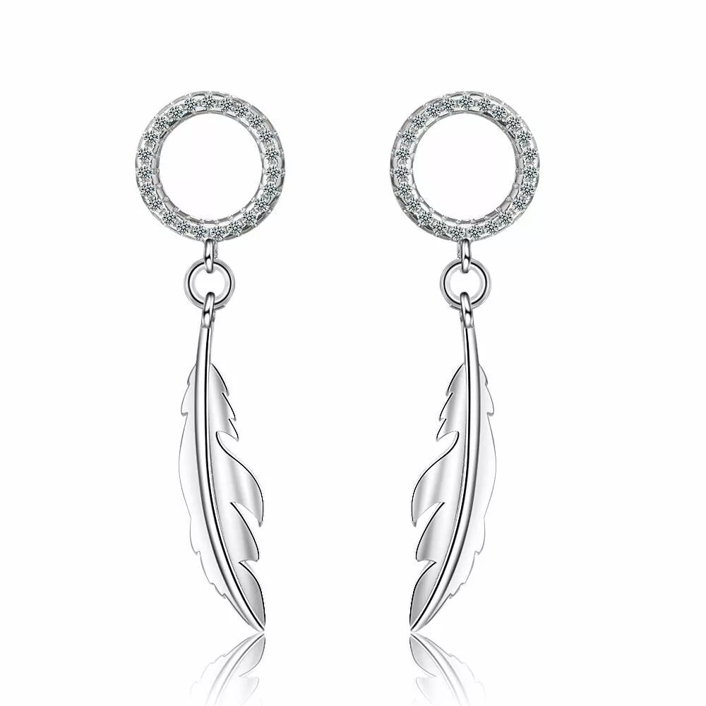 Crystal Feather Drop Stud Earrings – 925 Sterling Silver, 35mm, Hallmarked, Gift Pouch