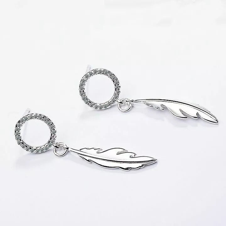 Crystal Feather Drop Stud Earrings – 925 Sterling Silver, 35mm, Hallmarked, Gift Pouch