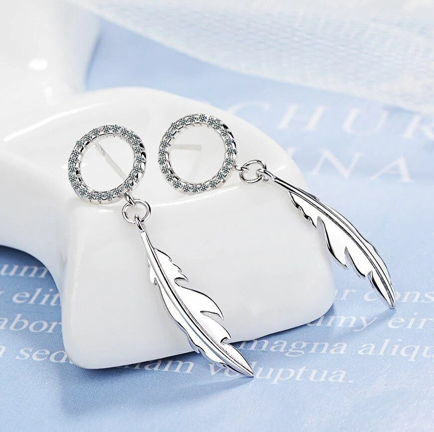 Crystal Feather Drop Stud Earrings – 925 Sterling Silver, 35mm, Hallmarked, Gift Pouch