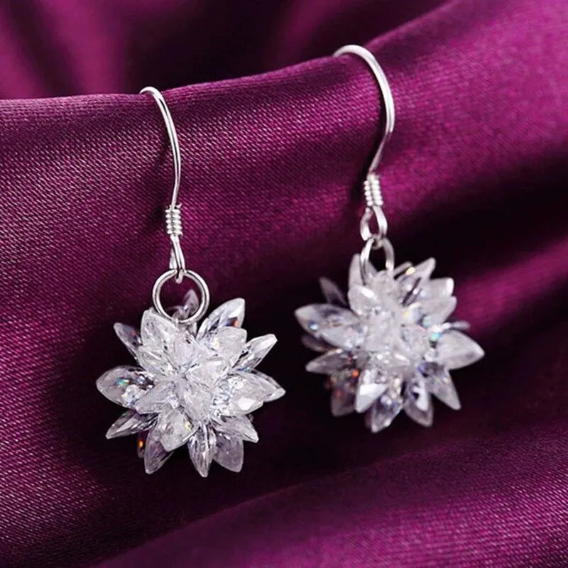 Dangly Sparkly Hook Snowflake Earrings | 925 Sterling Silver Snow Crystal Earrings