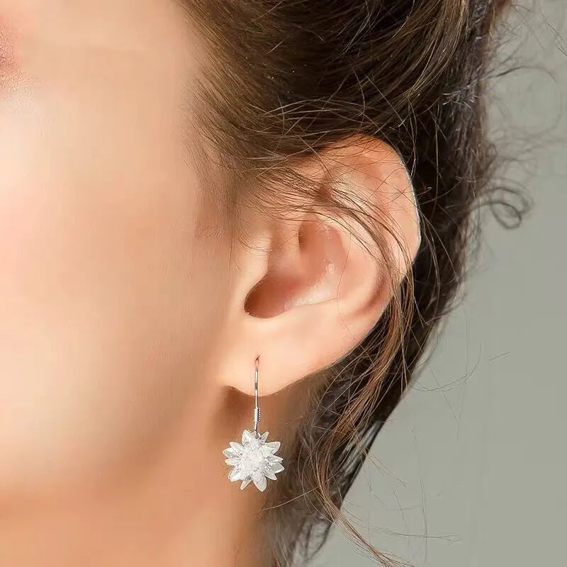 Dangly Sparkly Hook Snowflake Earrings | 925 Sterling Silver Snow Crystal Earrings