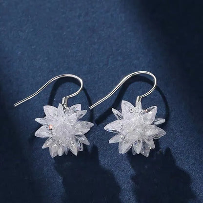 Dangly Sparkly Hook Snowflake Earrings | 925 Sterling Silver Snow Crystal Earrings