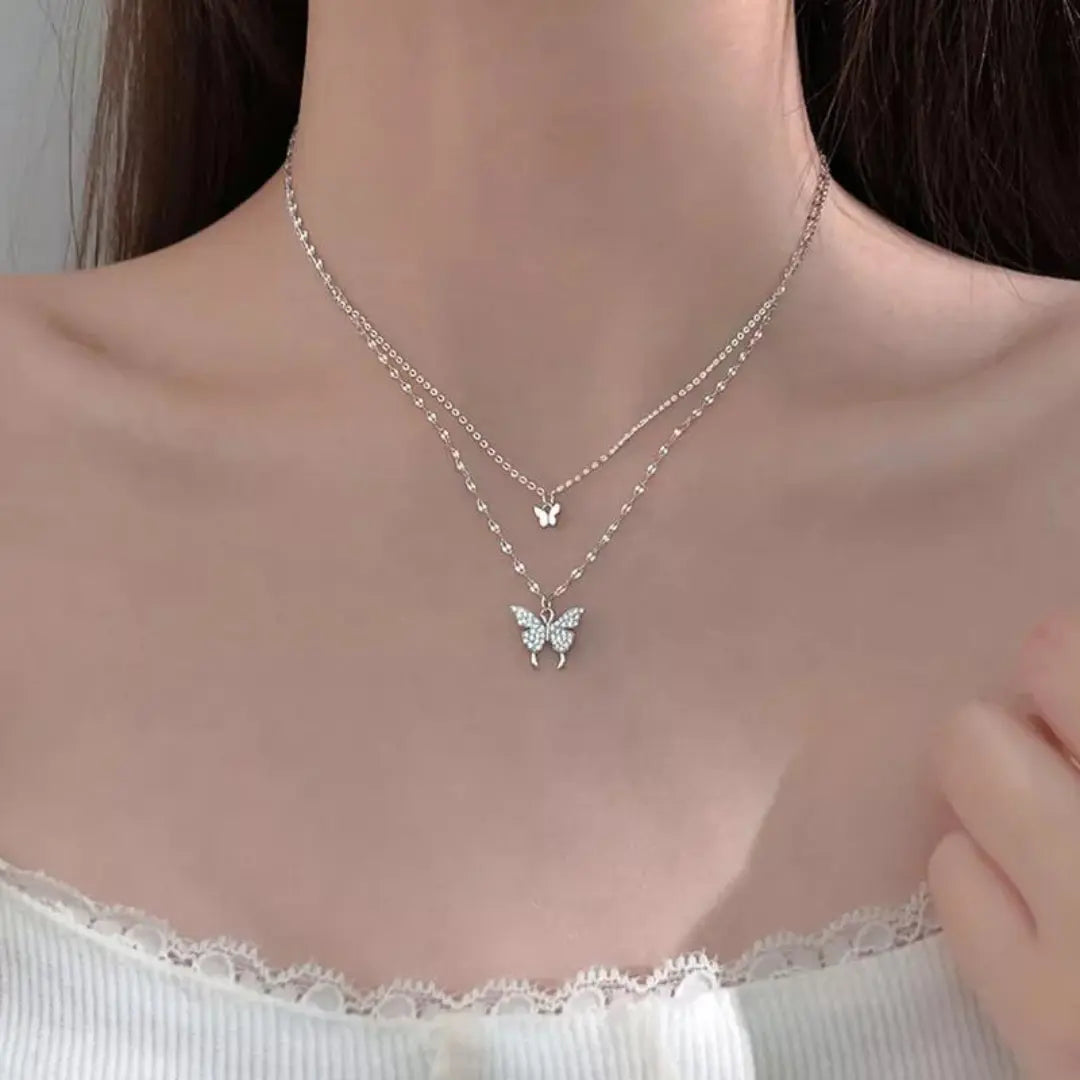 Double Layer Butterfly Pendant Necklace | 925 Sterling Silver Butterfly Chain Necklace Womens Jewellery