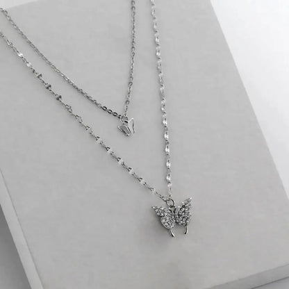 Double Layer Butterfly Pendant Necklace | 925 Sterling Silver Butterfly Chain Necklace Womens Jewellery