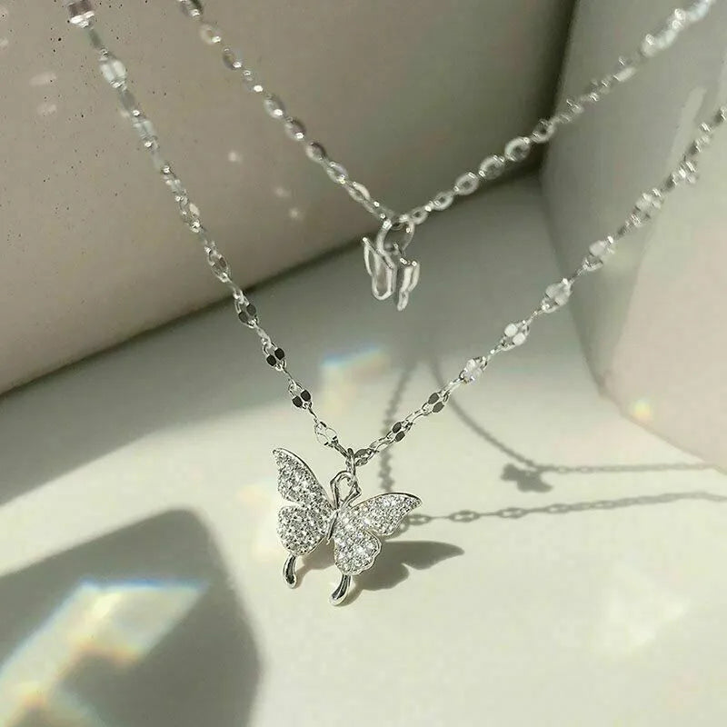 Double Layer Butterfly Pendant Necklace | 925 Sterling Silver Butterfly Chain Necklace Womens Jewellery