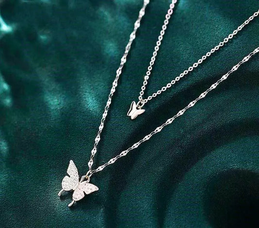 Double Layer Butterfly Pendant Necklace | 925 Sterling Silver Butterfly Chain Necklace Womens Jewellery
