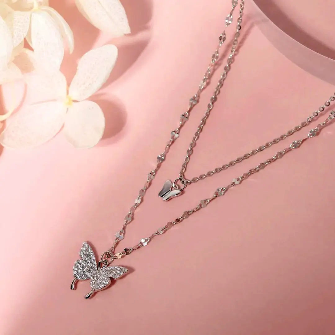 Double Layer Butterfly Pendant Necklace | 925 Sterling Silver Butterfly Chain Necklace Womens Jewellery