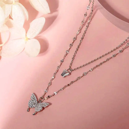 Double Layer Butterfly Pendant Necklace | 925 Sterling Silver Butterfly Chain Necklace Womens Jewellery