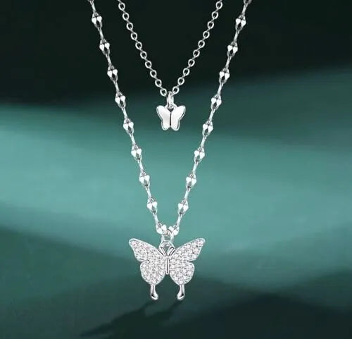 Double Layer Butterfly Pendant Necklace | 925 Sterling Silver Butterfly Chain Necklace Womens Jewellery