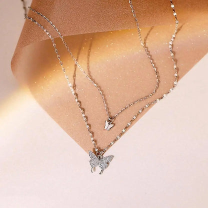 Double Layer Butterfly Pendant Necklace | 925 Sterling Silver Butterfly Chain Necklace Womens Jewellery