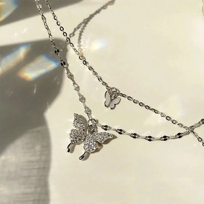 Double Layer Butterfly Pendant Necklace | 925 Sterling Silver Butterfly Chain Necklace Womens Jewellery