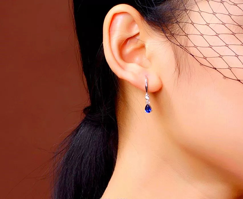 Elegant Blue Pear Halo Drop Stud Earrings in 925 Sterling Silver for Women