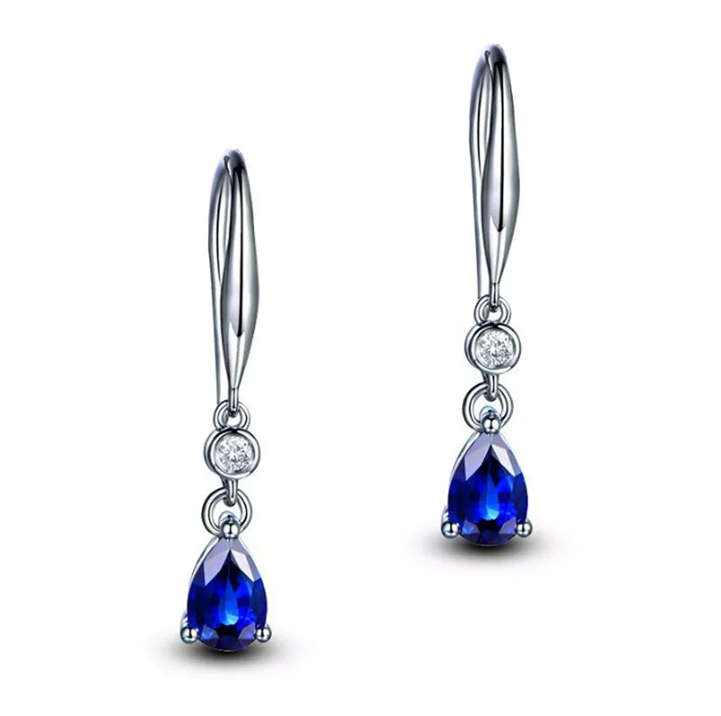 Elegant Blue Pear Halo Drop Stud Earrings in 925 Sterling Silver for Women