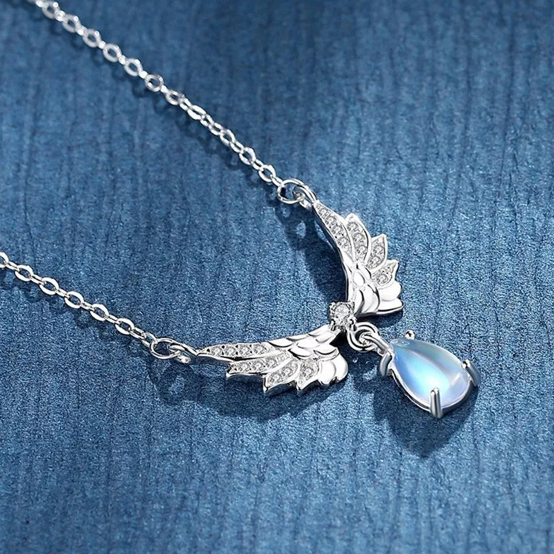 Crystal Angel Wing Moonstone Pendant Necklace